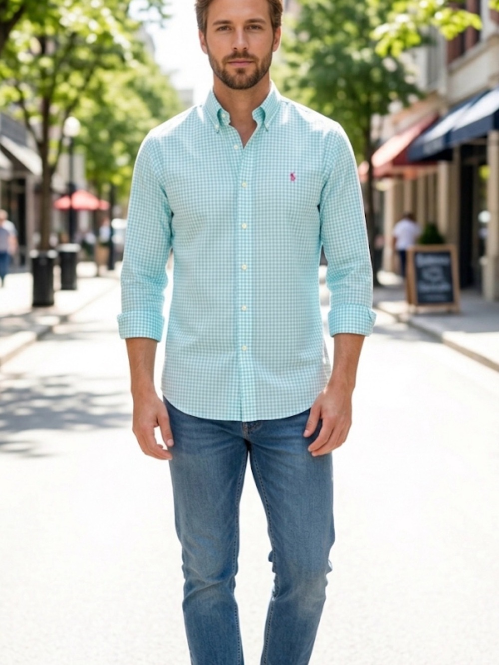 Polo Ralph Lauren Custom Fit Blue White Gingham Button Down Shirt Men’s L